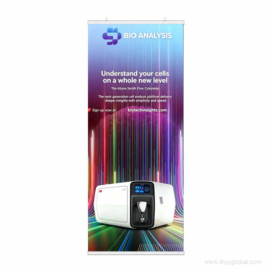 90 × 150 cm poster displayed with an aluminum poster hanger at an exhibition booth