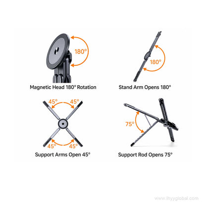 Adjustable magnetic device stand showing head rotation and foldable support angles