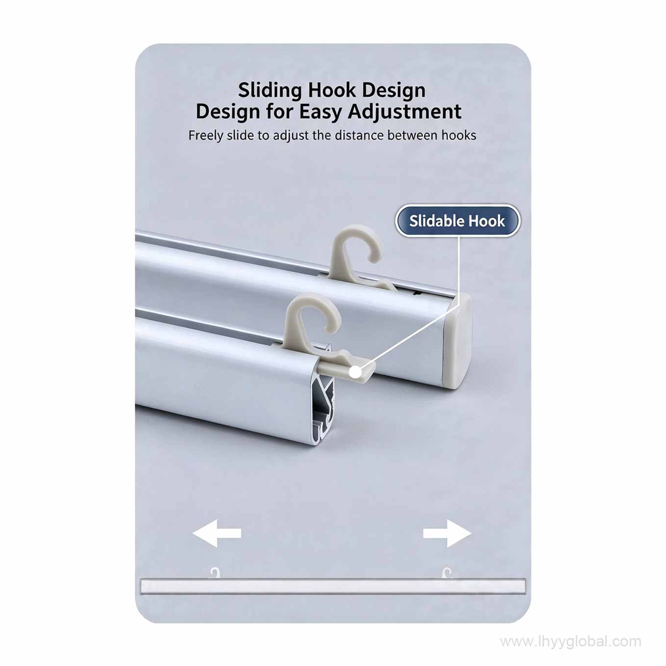 Aluminum poster hanger rail with sliding hooks and accessory components