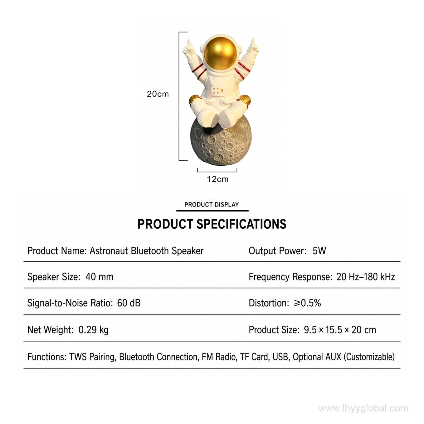 Astronaut Bluetooth speaker product dimensions showing 20 cm height and moon base size