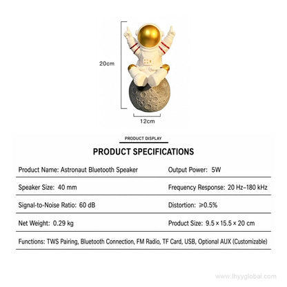 Astronaut Bluetooth speaker product dimensions showing 20 cm height and moon base size