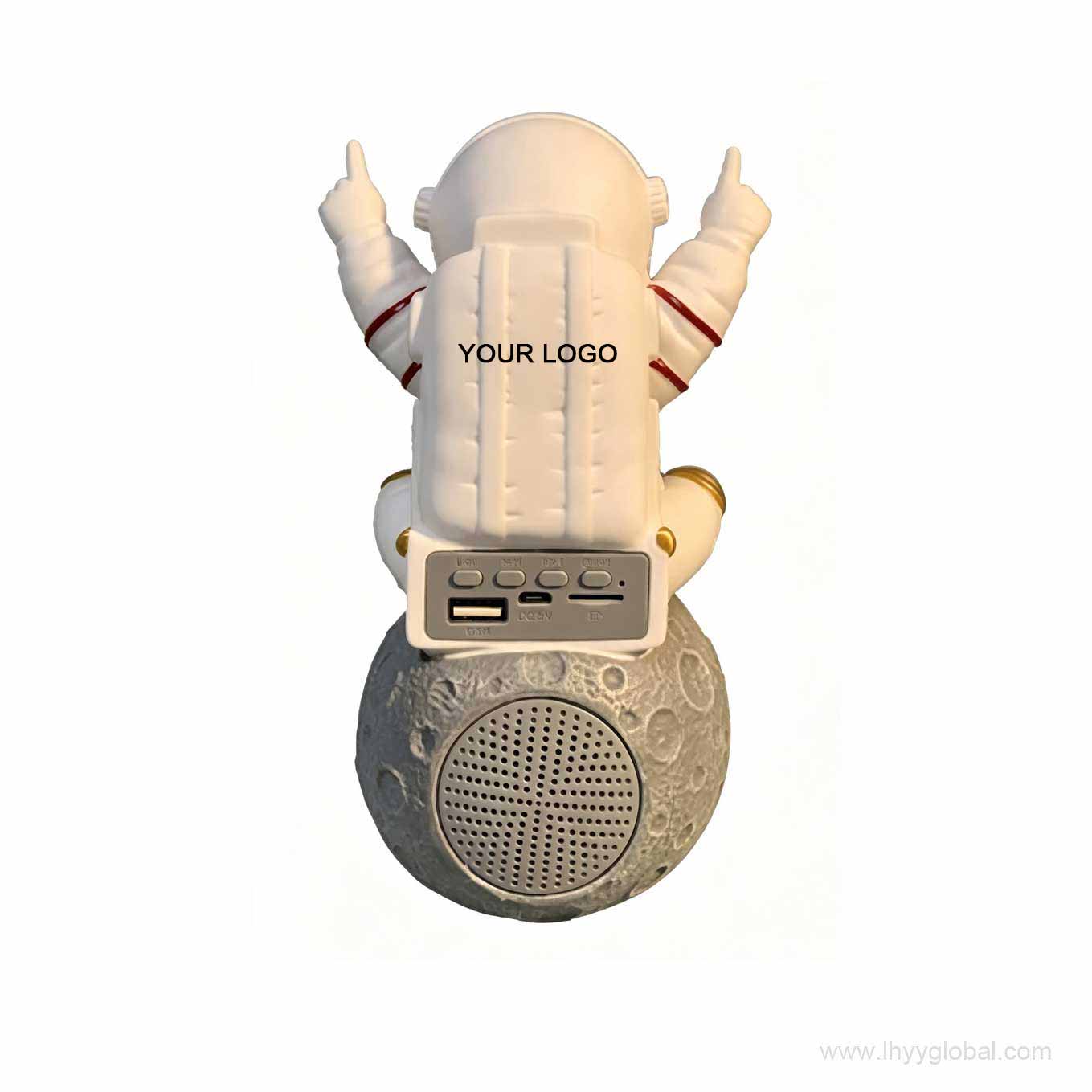 Rear view of astronaut Bluetooth speaker showing USB port TF card slot and control buttons