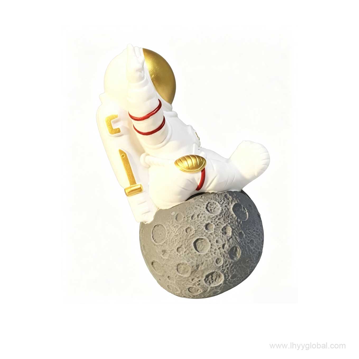 Side view of astronaut Bluetooth speaker sitting on a realistic moon base design