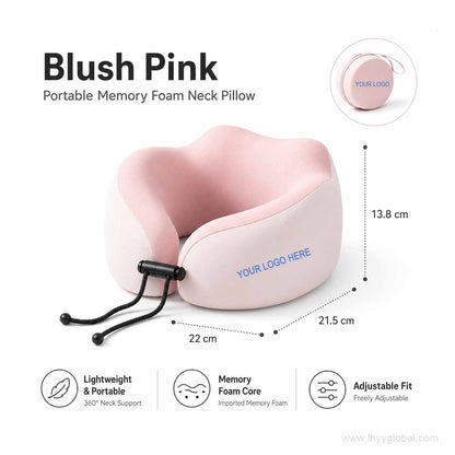 Blush pink memory foam travel neck pillow with adjustable fit and lightweight portable design