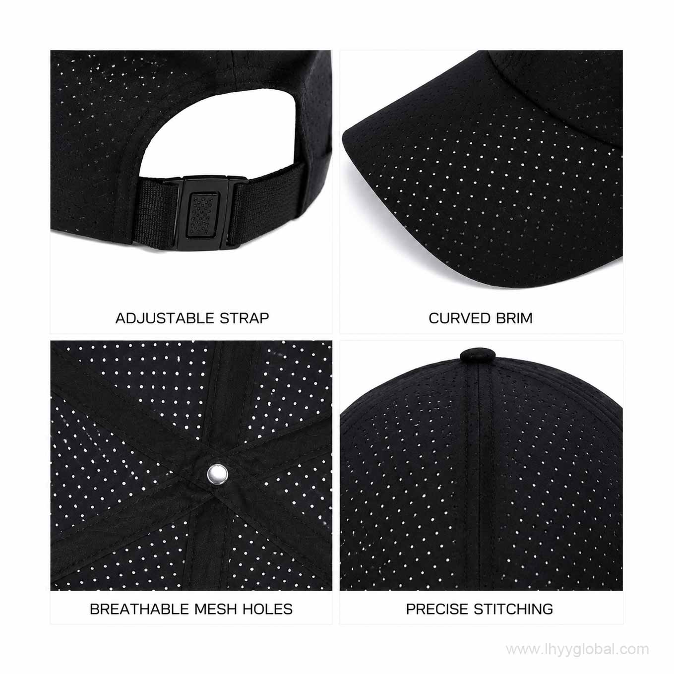 Black perforated baseball cap details showing adjustable strap curved brim ventilation holes and stitching