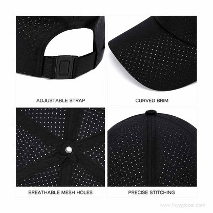 Black perforated baseball cap details showing adjustable strap curved brim ventilation holes and stitching