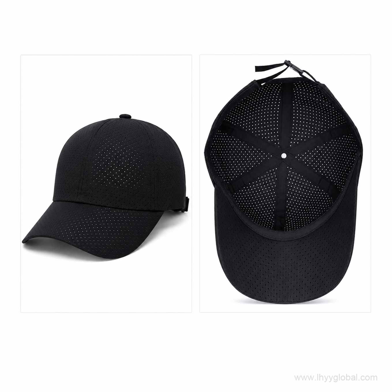 Black perforated baseball cap shown from the front and interior with adjustable rear strap