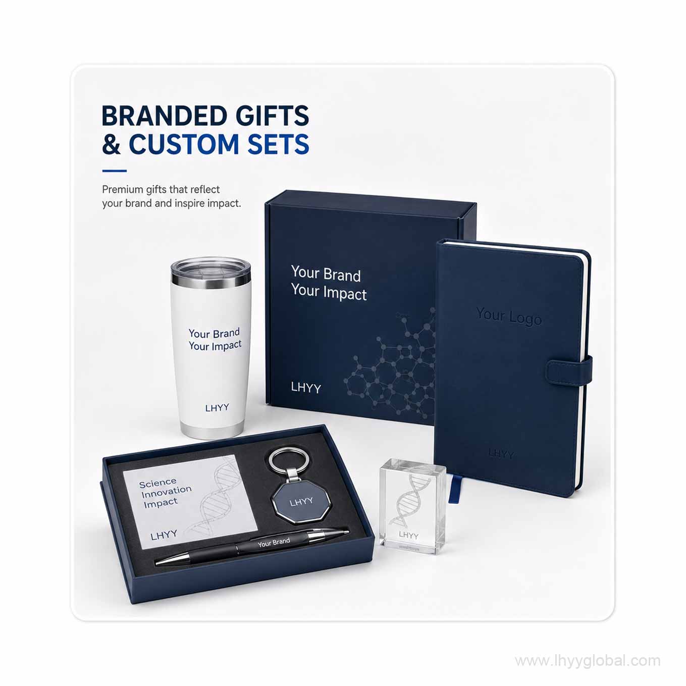 Custom corporate science gift set with branded stationery and promotional products