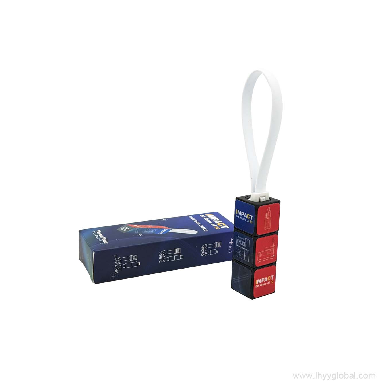 The custom magnetic cube data cable, with one segment in hand, next to its retail packaging box featuring a lab professional illustration.
