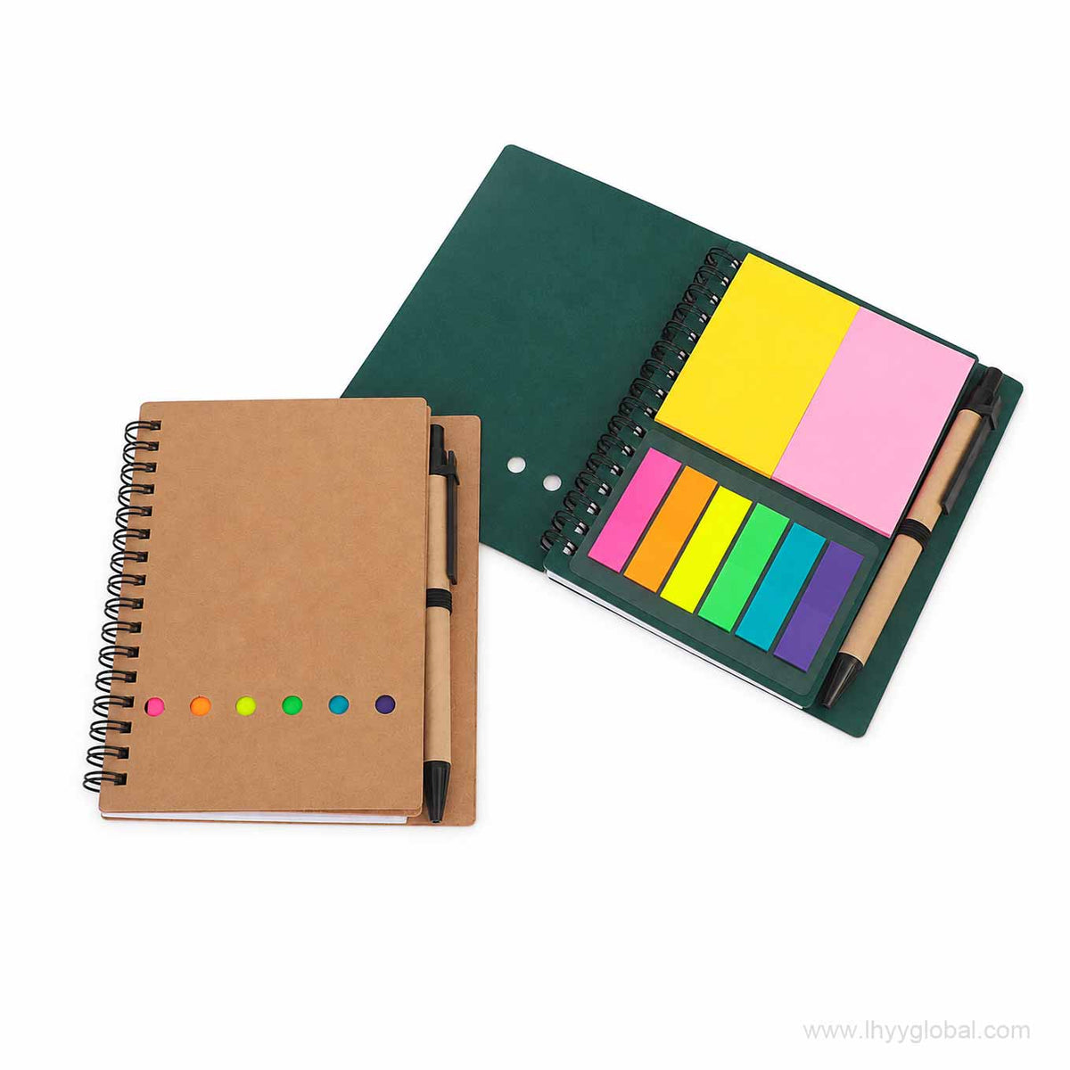 Kraft brown and green A6 spiral notebooks with integrated stationery accessories