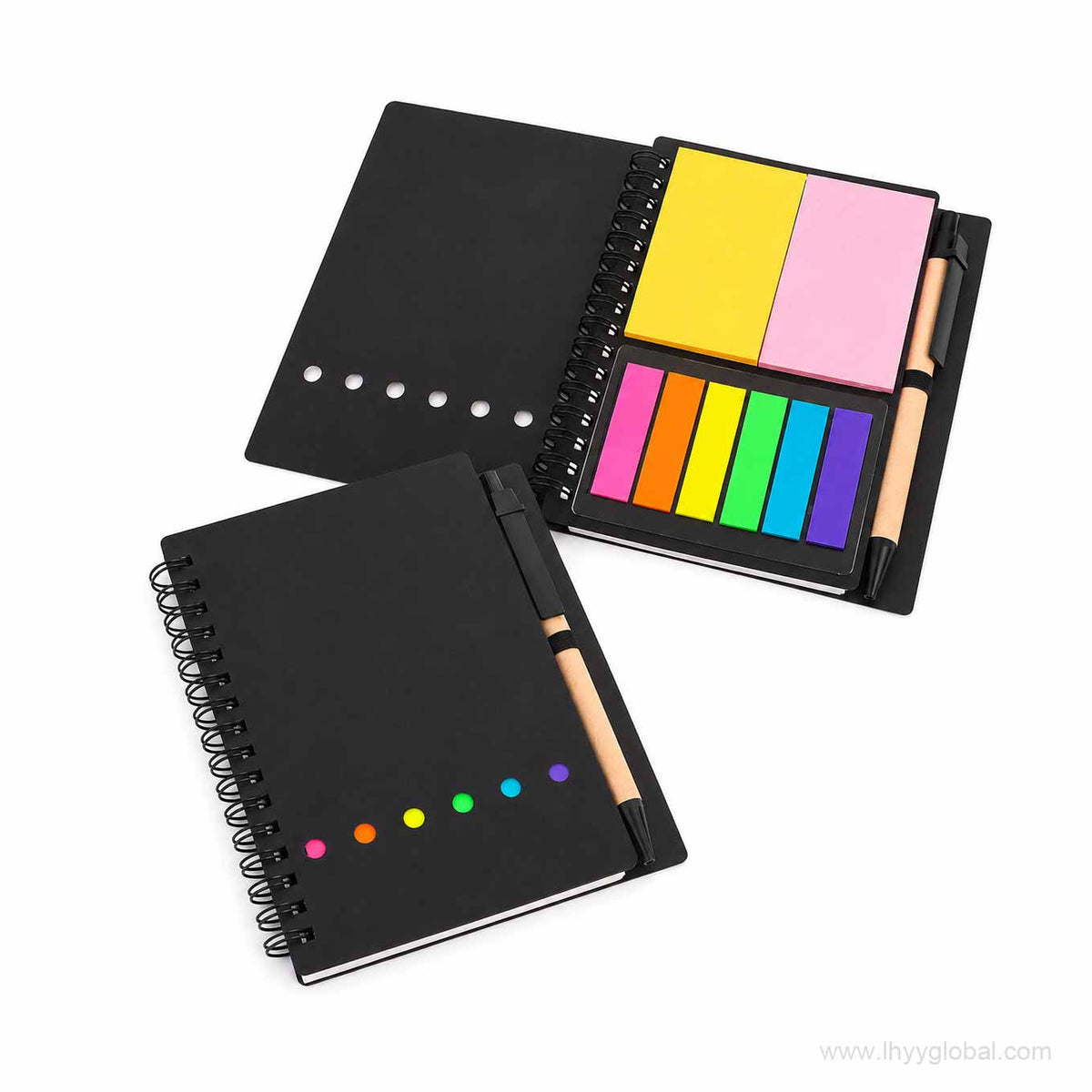 Black A6 spiral notebook with colorful sticky notes and pen