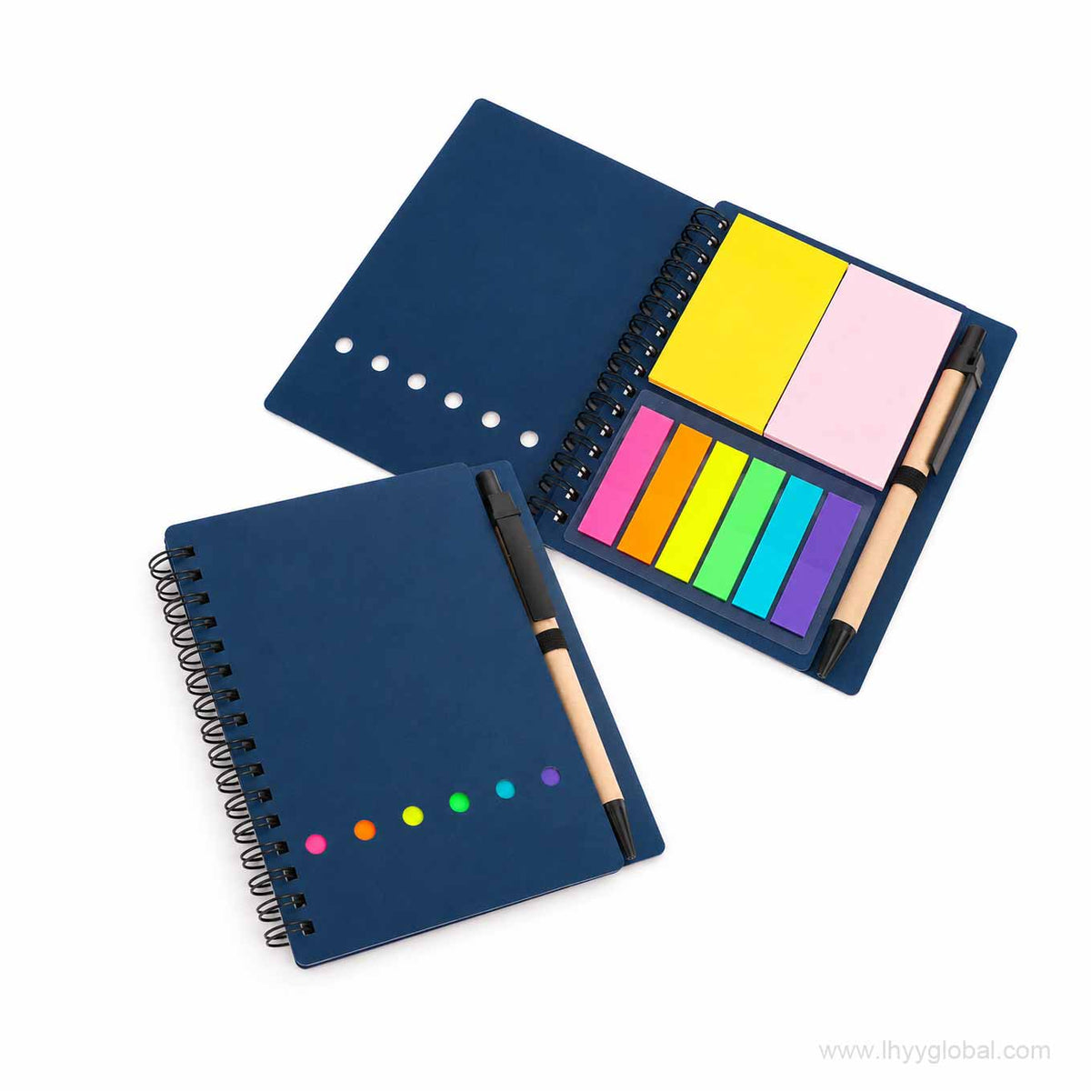 Blue A6 spiral notebook with sticky notes, page flags and matching pen holder