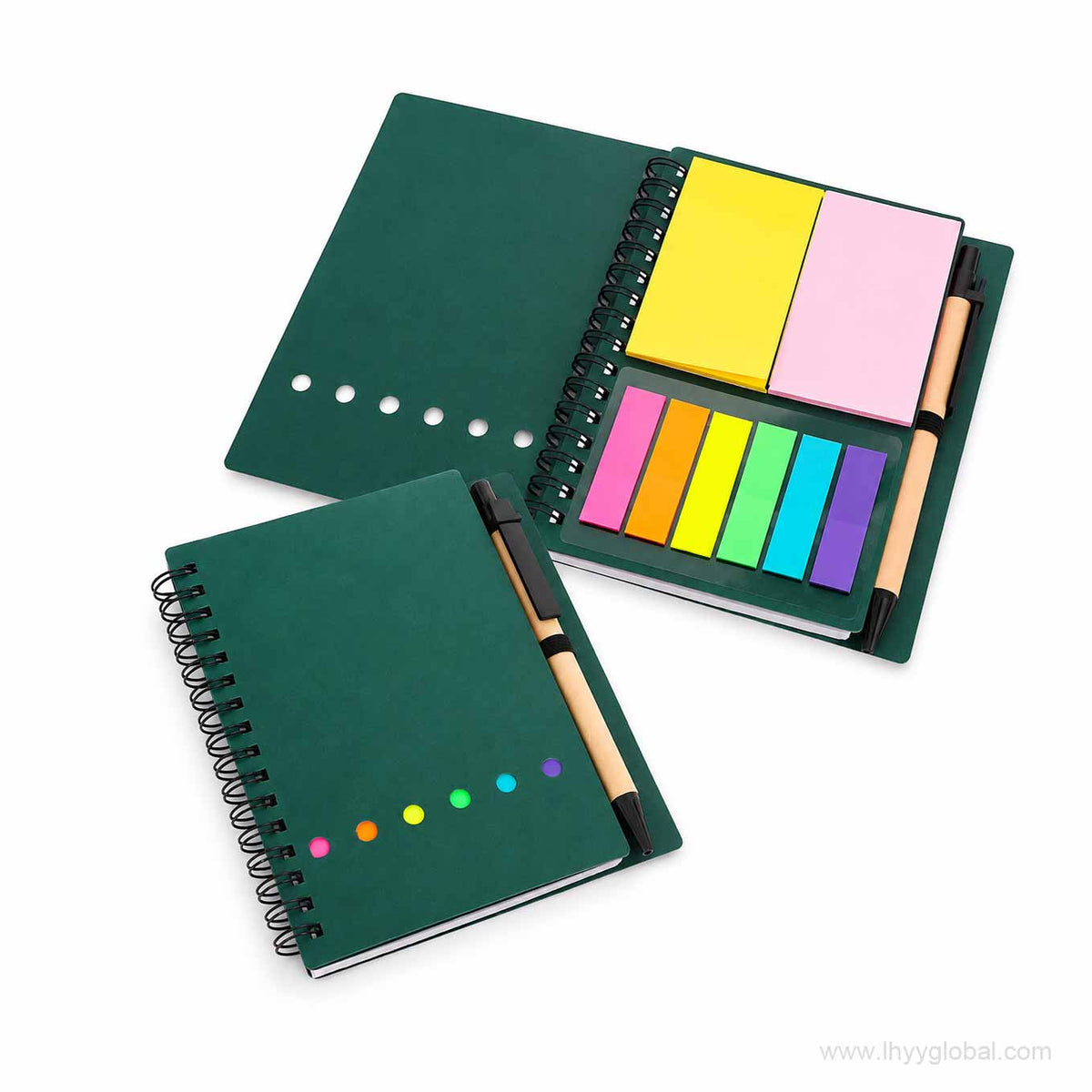 Green A6 spiral notebook with integrated sticky notes, page flags and pen