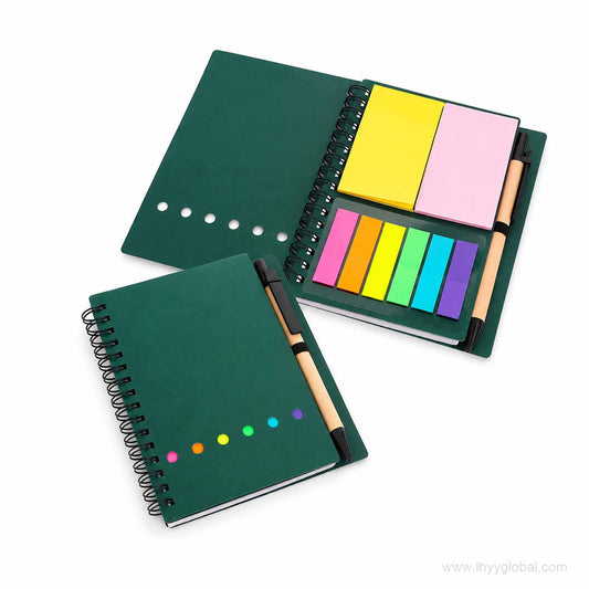 Green A6 spiral notebook with integrated sticky notes, page flags and pen