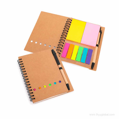 Kraft brown A6 spiral notebook with sticky notes, colorful page flags and pen