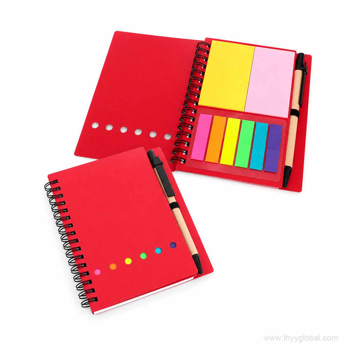 Red A6 spiral notebook with integrated sticky notes, page flags and pen