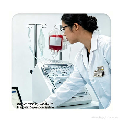 Life science laboratory professional beside cell-processing equipment