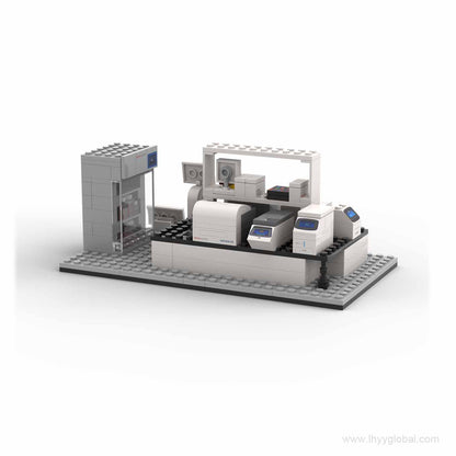 Rear view of a custom biotechnology laboratory building block set with detailed workstations