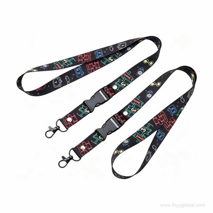 Black custom lanyard with full-color printed graphics and metal swivel hooks