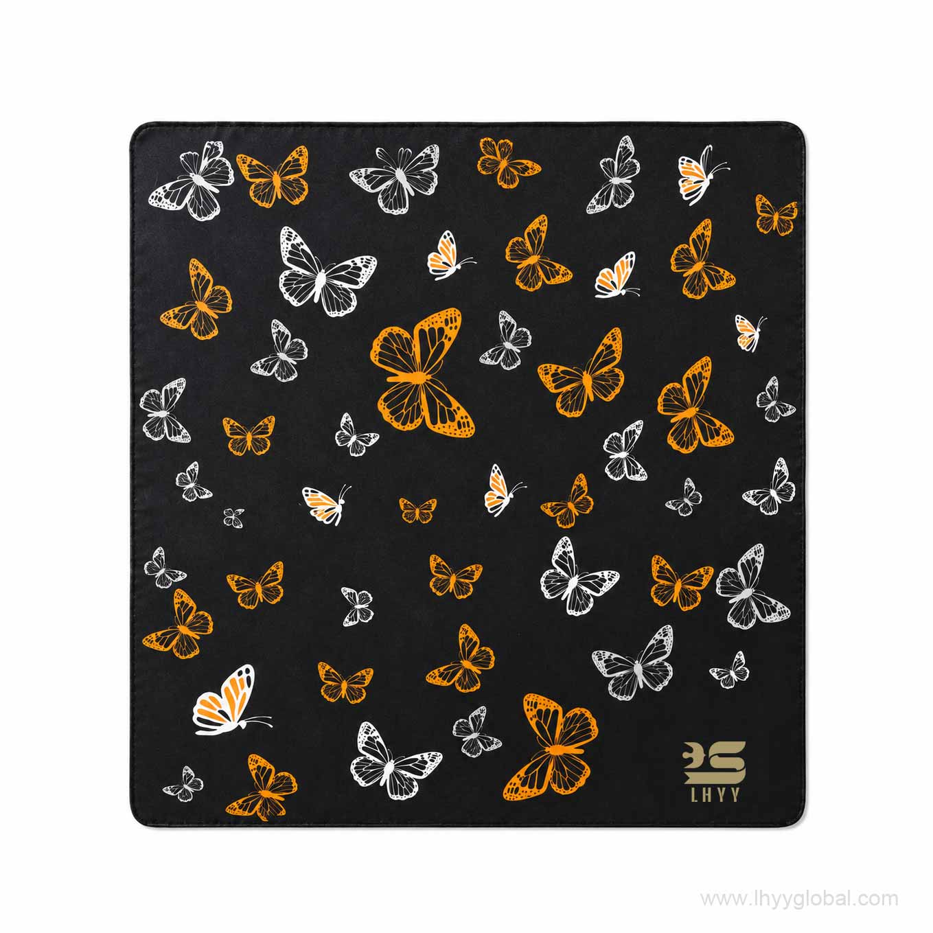 Black custom scarf with orange and white butterfly pattern and LHYY logo
