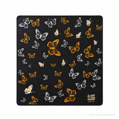 Black custom scarf with orange and white butterfly pattern and LHYY logo