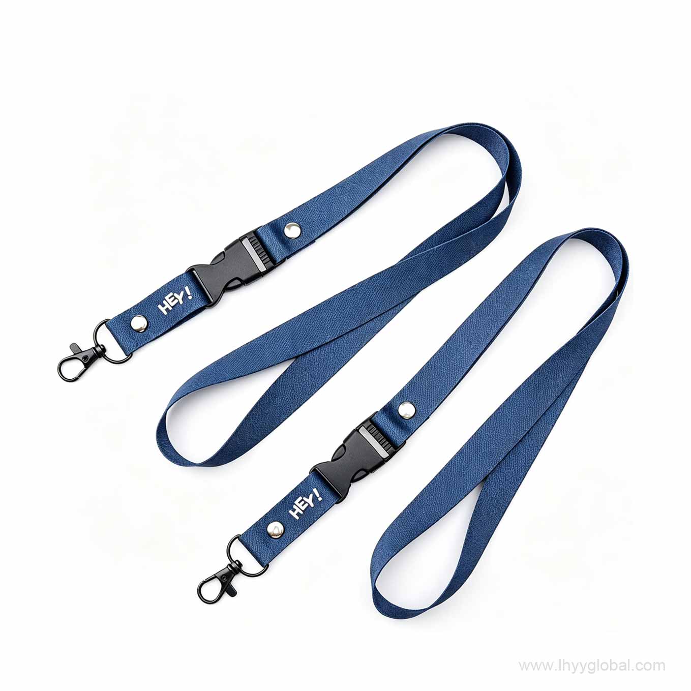 Custom blue polyester lanyard with black plastic breakaway buckle and metal lobster clasp, featuring "HEY!" printed branding for corporate events.