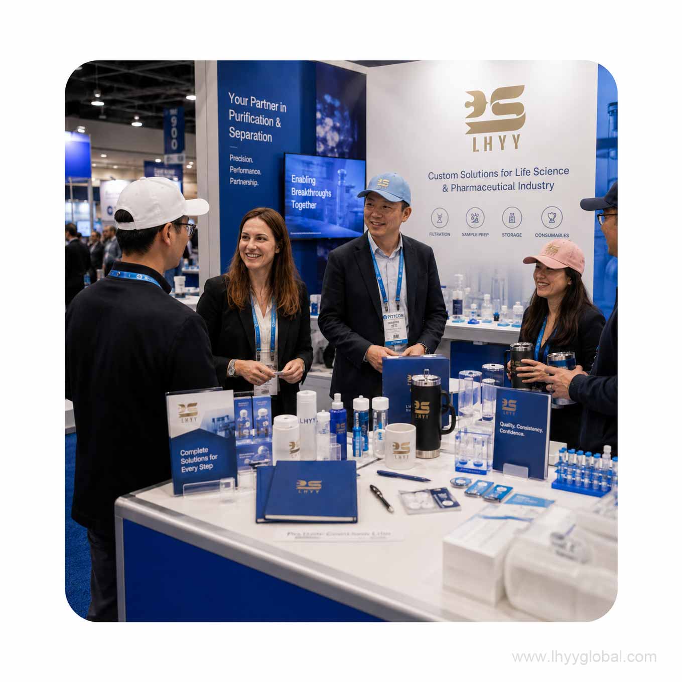 Trade show staff wearing custom branded baseball caps at a corporate booth