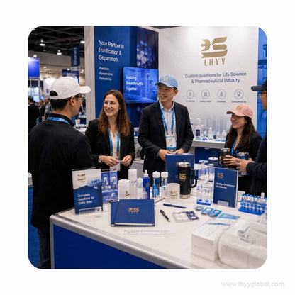 Trade show staff wearing custom branded baseball caps at a corporate booth