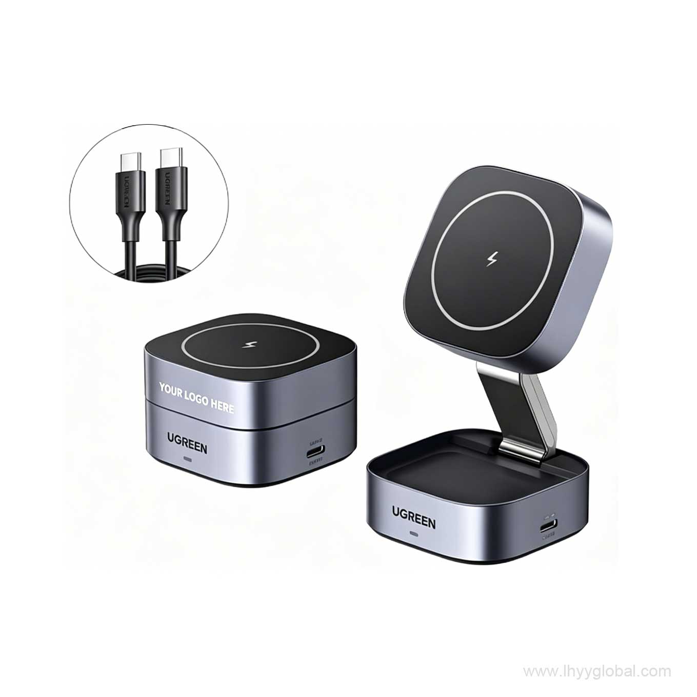 Premium executive corporate gift box set featuring customized Ugreen magnetic wireless charging pad and a durable 1-meter USB-C power delivery cable.