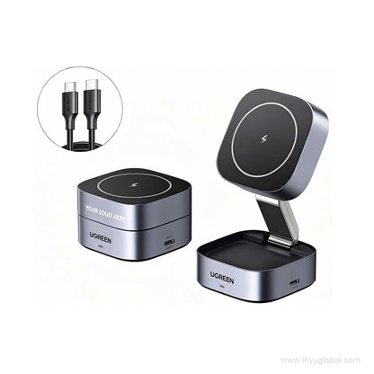 Premium executive corporate gift box set featuring customized Ugreen magnetic wireless charging pad and a durable 1-meter USB-C power delivery cable.