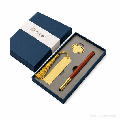 Custom brass bookmark and wooden pen corporate gift set with premium packaging