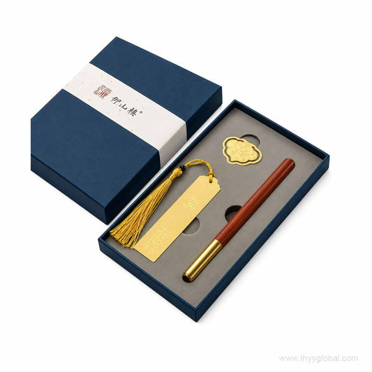Custom brass bookmark and wooden pen corporate gift set with premium packaging