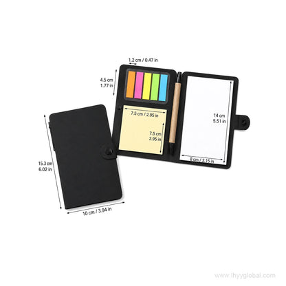 Black custom button-closure sticky note notebook set with metric and imperial size dimensions