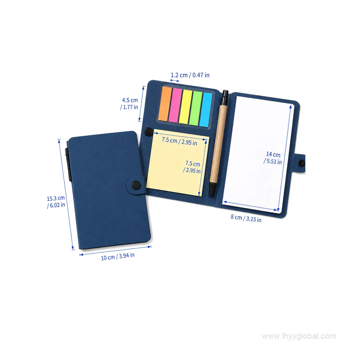 Blue custom button-closure sticky note notebook set with metric and imperial size dimensions