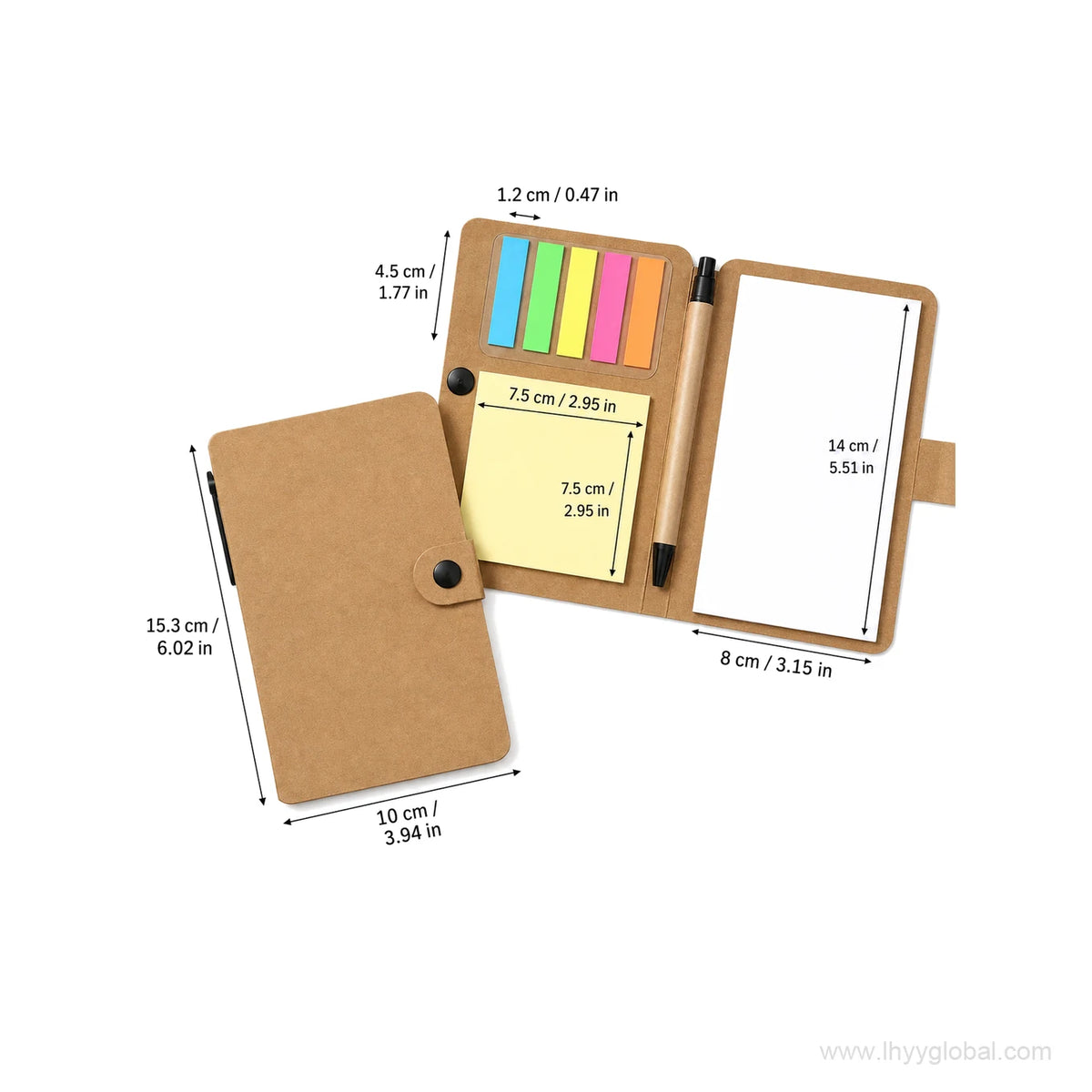 Brown custom button-closure sticky note notebook set with metric and imperial size dimensions