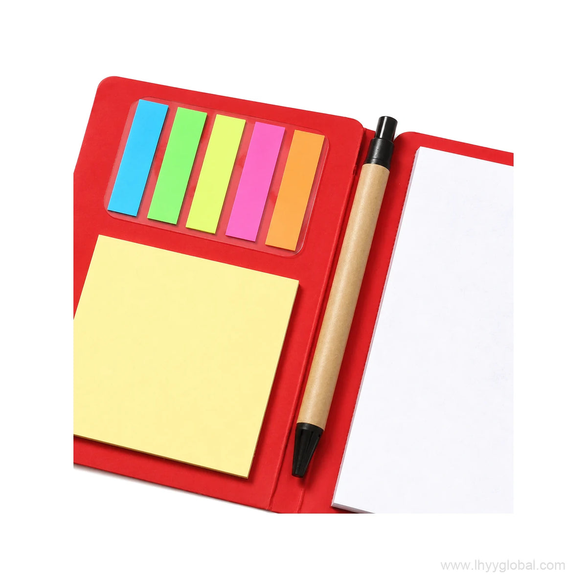 Close-up of custom sticky note notebook set with kraft paper ballpoint pen, page flags and note pads
