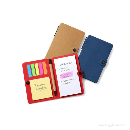 Custom button-closure sticky note notebook set with kraft paper pen for laboratory and biopharma promotional gifts