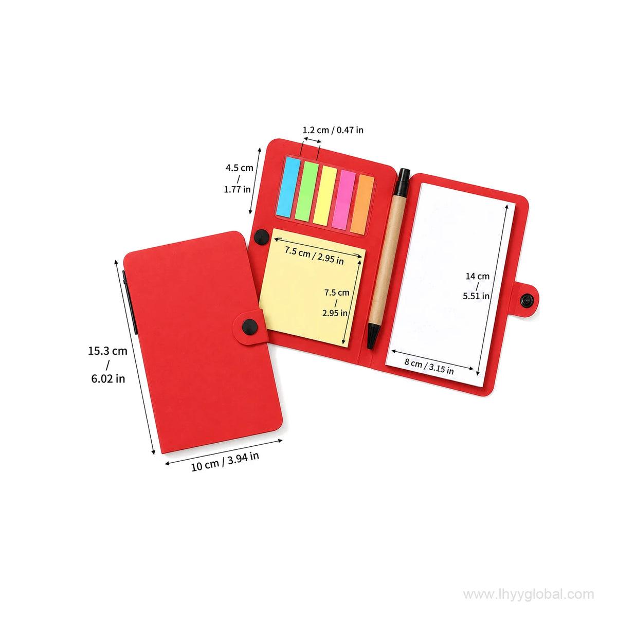 Red custom button-closure sticky note notebook set with metric and imperial size dimensions