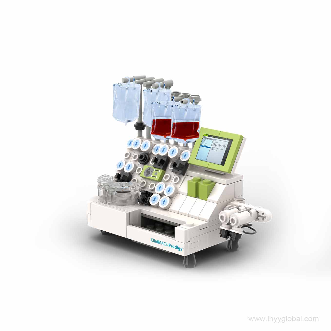 3D rendering of a custom CliniMACS Prodigy LEGO-compatible building block model with touchscreen and tubing details