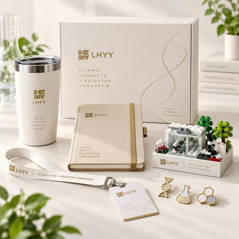 Custom corporate gifts display with mug, notebook, lanyard, badge, scientific building block model and packaging box