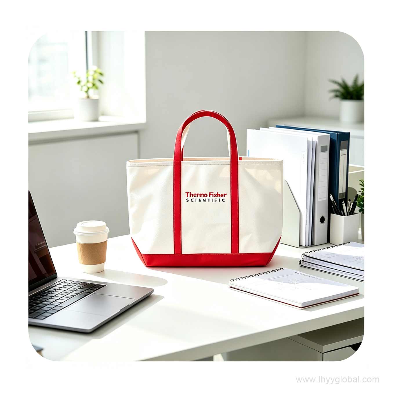 Executive office desk setup featuring a custom white and red tote bag placed among a laptop, coffee cup, and spiral notebooks for professional corporate branding.