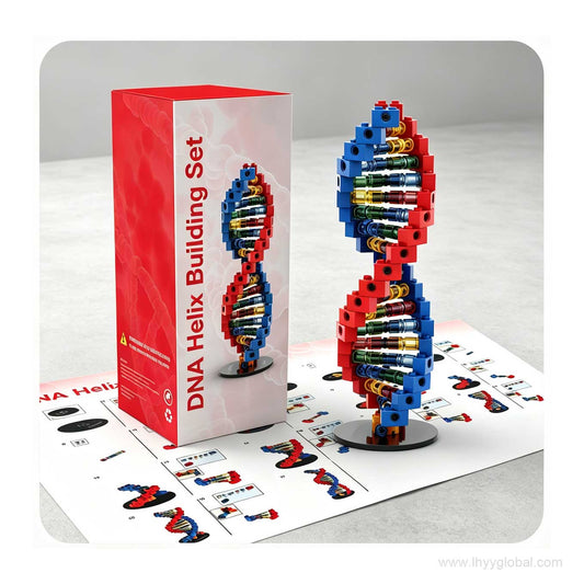 Custom DNA double helix building set displayed beside red LHYY packaging