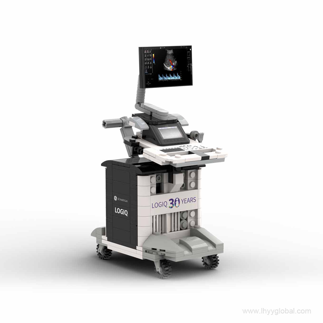 Custom LEGO-compatible building block display model inspired by a GE LOGIQ ultrasound system on a white background