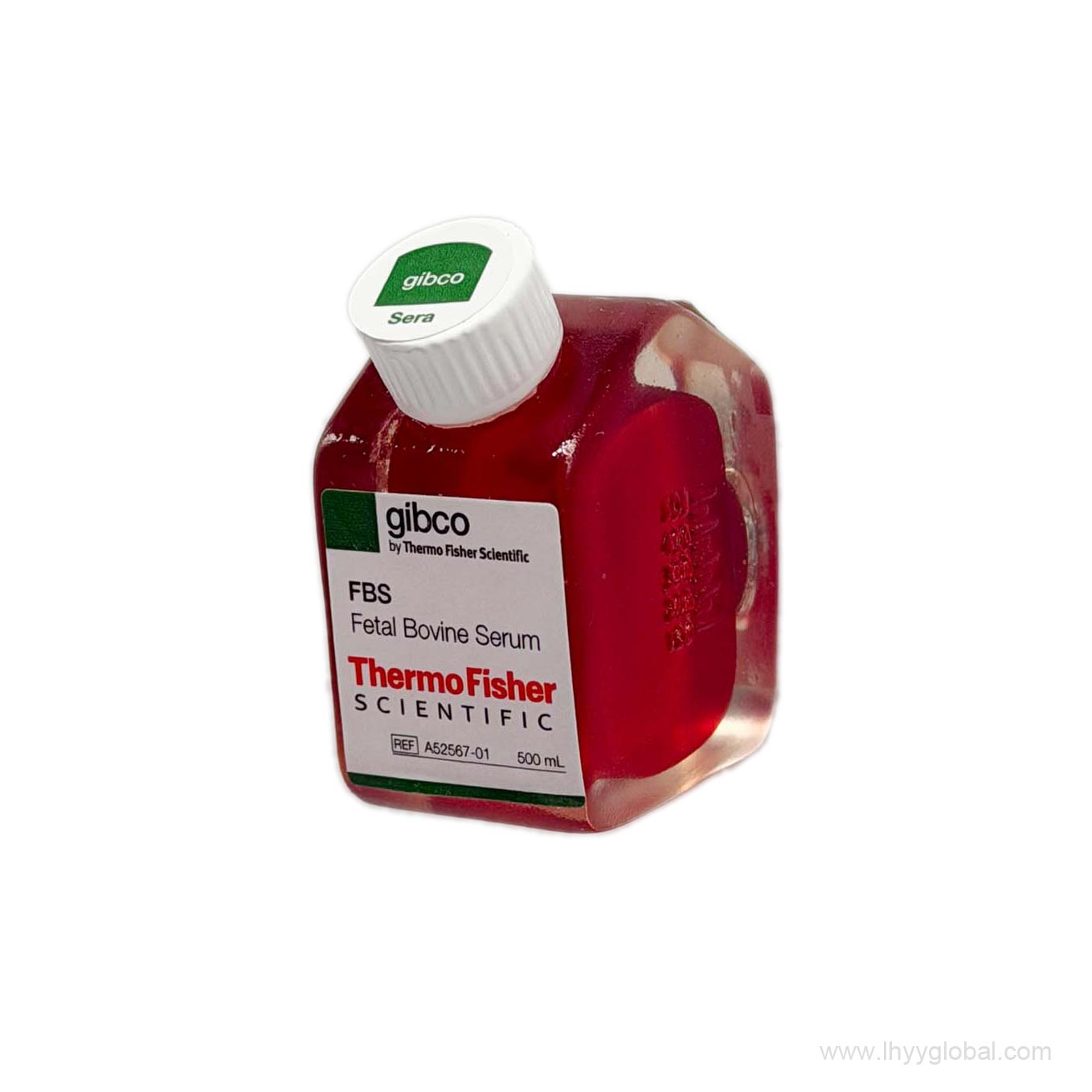 A high-quality 3D fridge magnet replica of the iconic Gibco Fetal Bovine Serum (FBS) 500mL bottle, custom-designed for scientific laboratory decor.