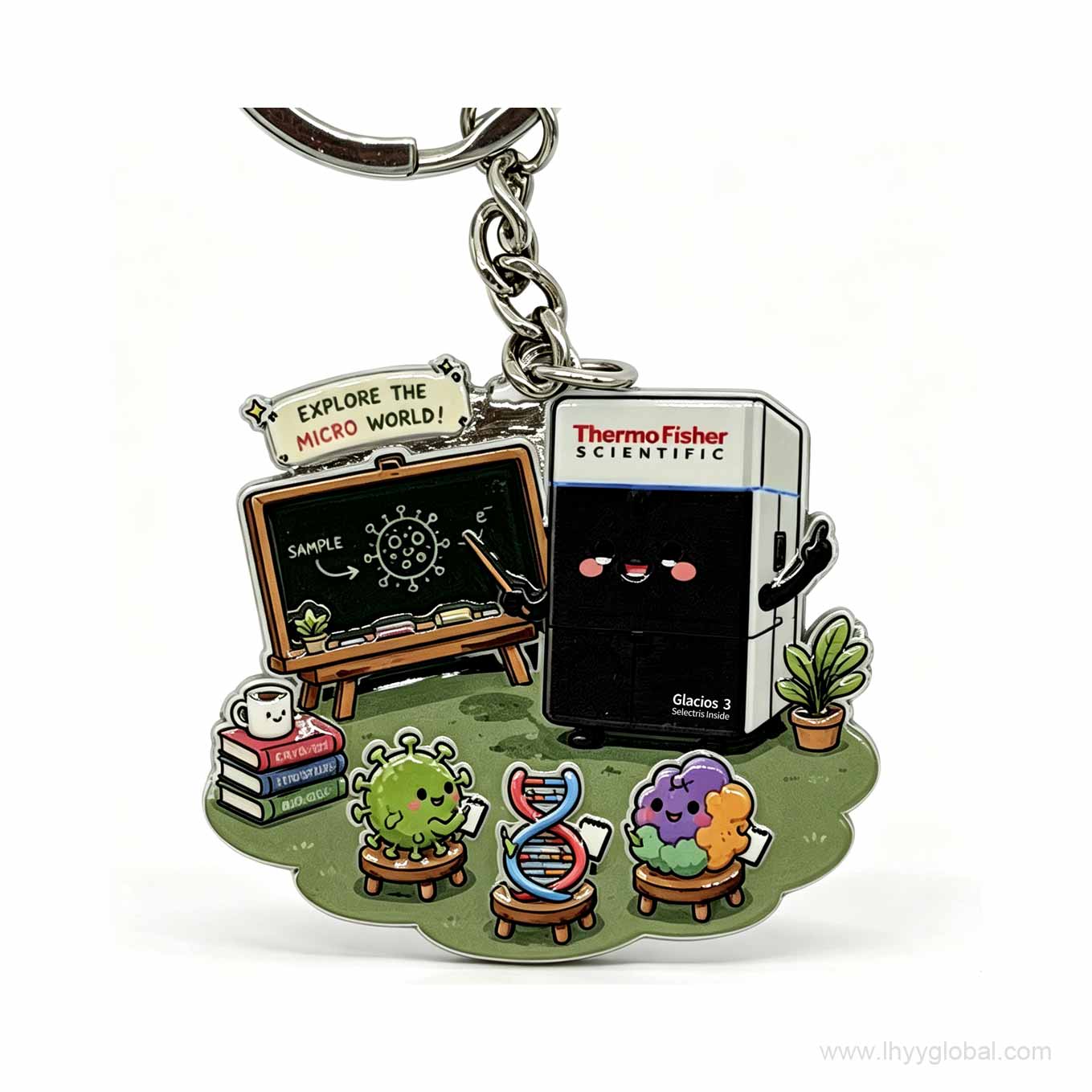 Detailed view of a custom Glacios 3 Cryo-TEM zinc alloy enamel keychain for scientific events