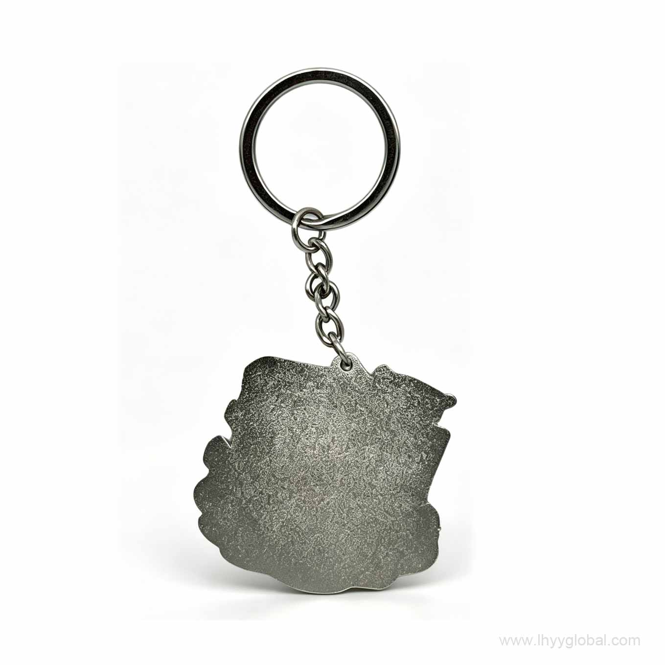 Back view of a custom Glacios 3 Cryo-TEM metal keychain with textured silver finish