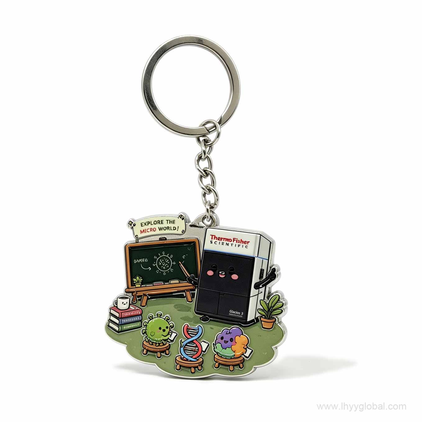 Custom Glacios 3 Cryo-TEM themed metal keychain with colorful enamel details, front view