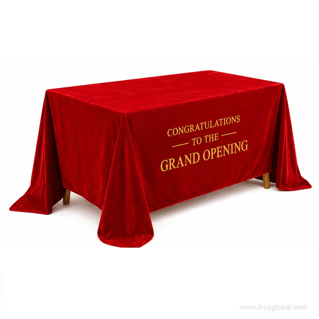 Red flannel event tablecloth with a custom grand opening message in gold