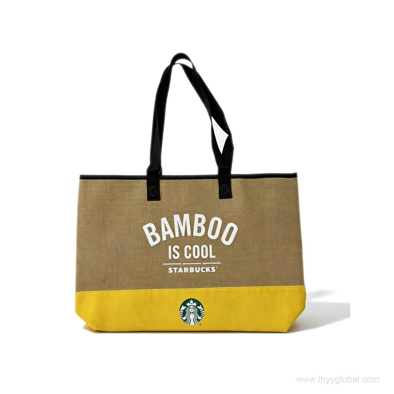 Past example of a custom jute and canvas tote bag with screen-printed slogan, yellow bottom, and black webbing handles for biotech trade show giveaways.