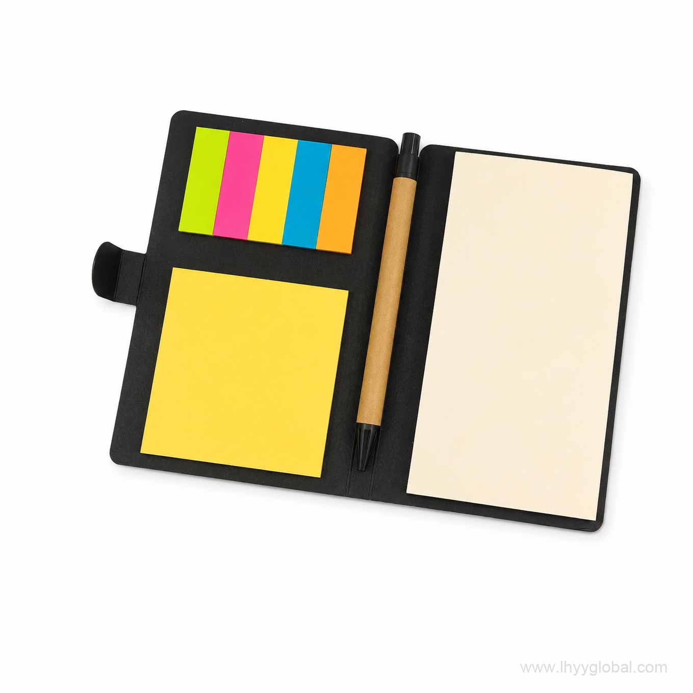 Black custom sticky note notebook organizer with memo pad, index flags and pen